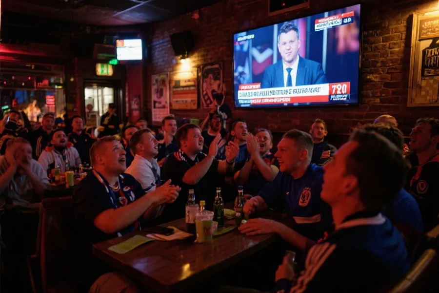 足球球迷在体育酒吧聚集观看转会新闻直播，气氛热烈