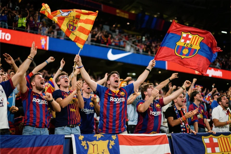 西甲球迷在看台上挥舞旗帜、身穿俱乐部颜色服装，热烈庆祝球队进球