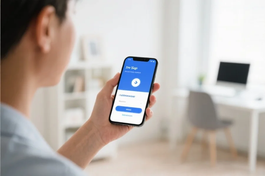 一位用户手持手机，屏幕上显示两步验证界面，背景为简洁明亮的家庭办公环境，传达安心与科技感